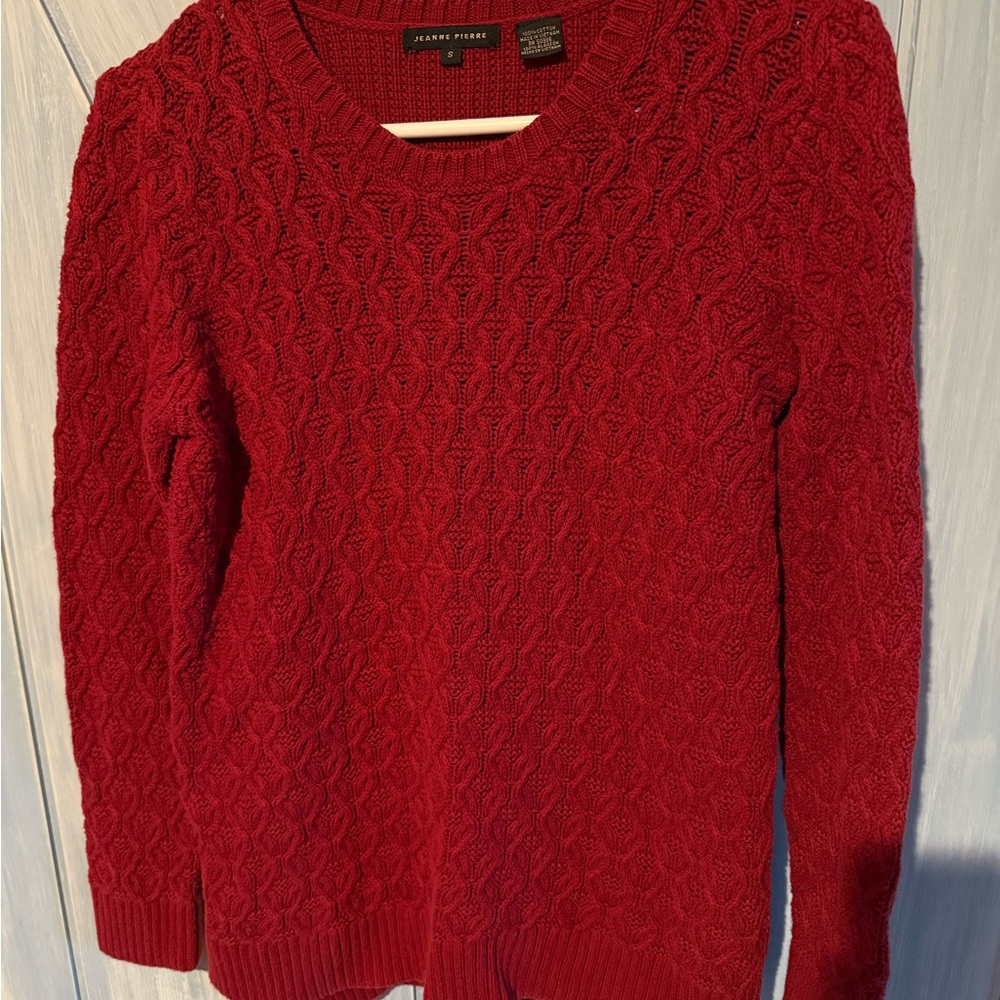 JEANNE PIERRE Red Cable Knit Crewneck Sweater